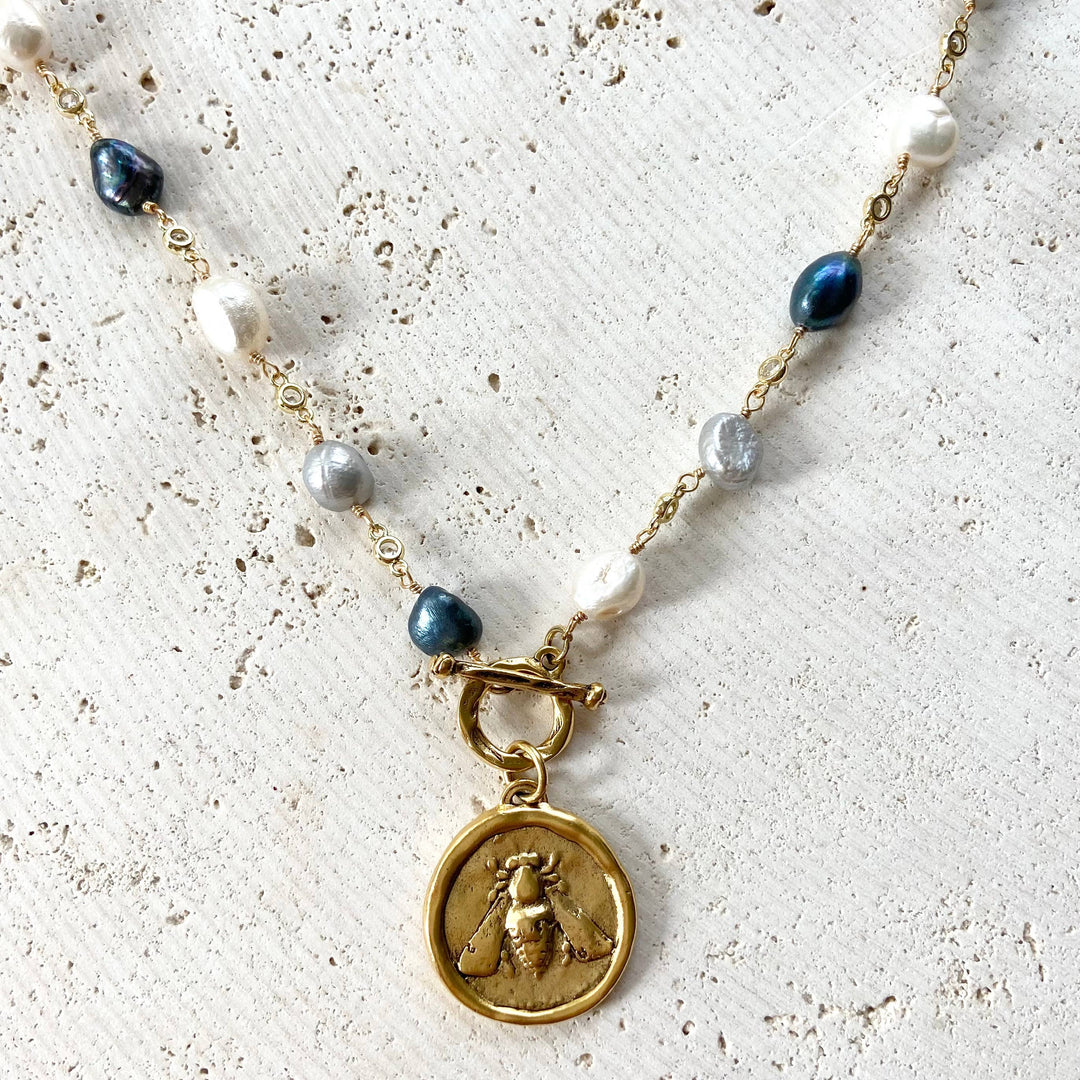 Denim pearl Bee medallion necklace