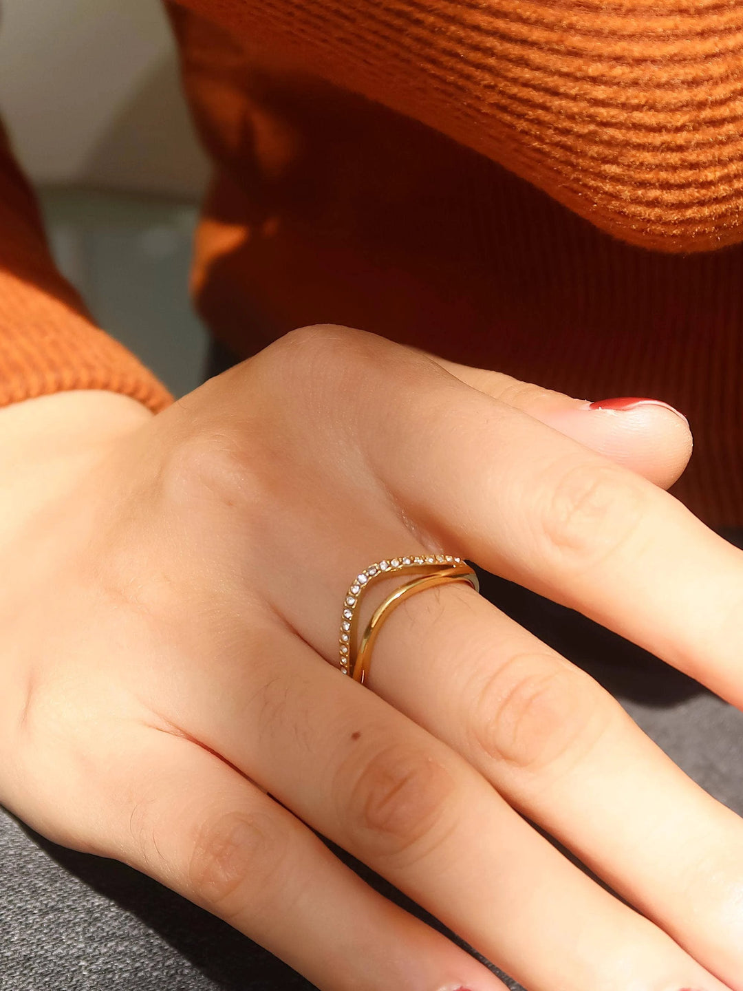 Orleans 18K Gold Non-Tarnish Layered V Rhinestone Ring Flânerie by MAIQ