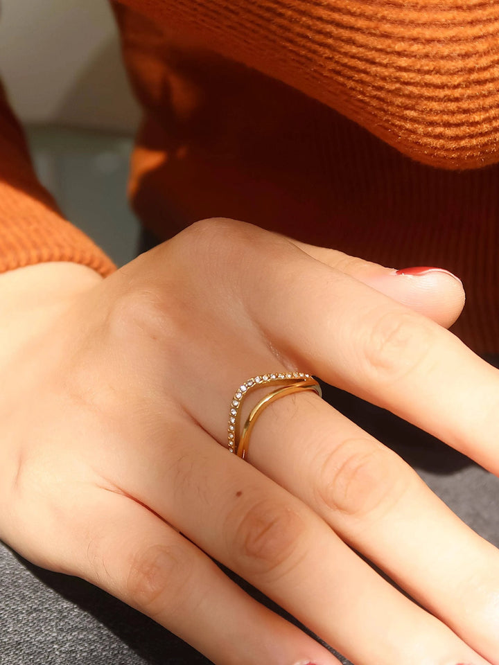 Orleans 18K Gold Non-Tarnish Layered V Rhinestone Ring Flânerie by MAIQ