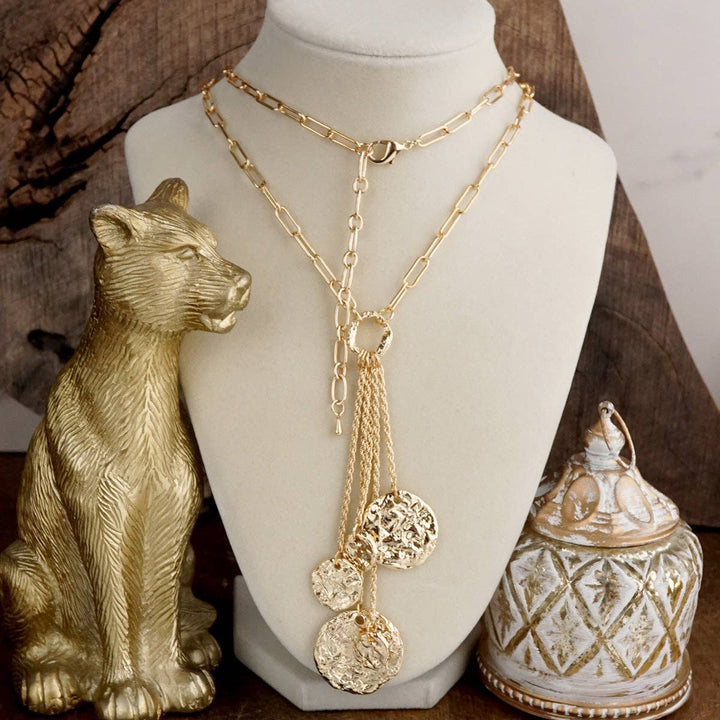 Gold Molten Multi Coin Cascading Tassel Long Necklace
