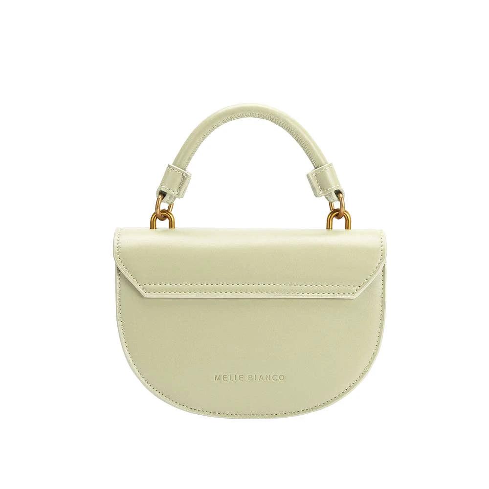 Mint green recycled vegan leather crossbody bag with curved flap, top handle and gold hardware, Melie Bianco logo.