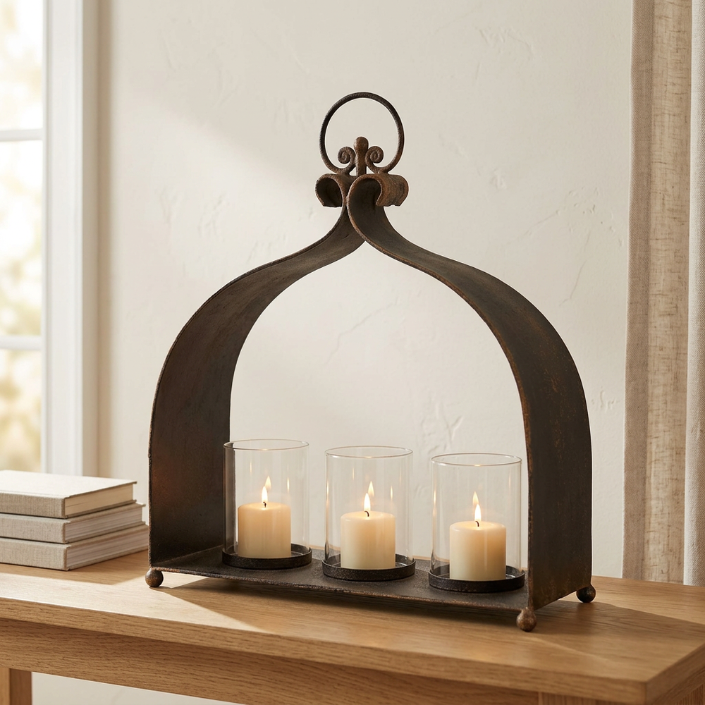 Candleholder styled on an oak console in a warm, elegant home