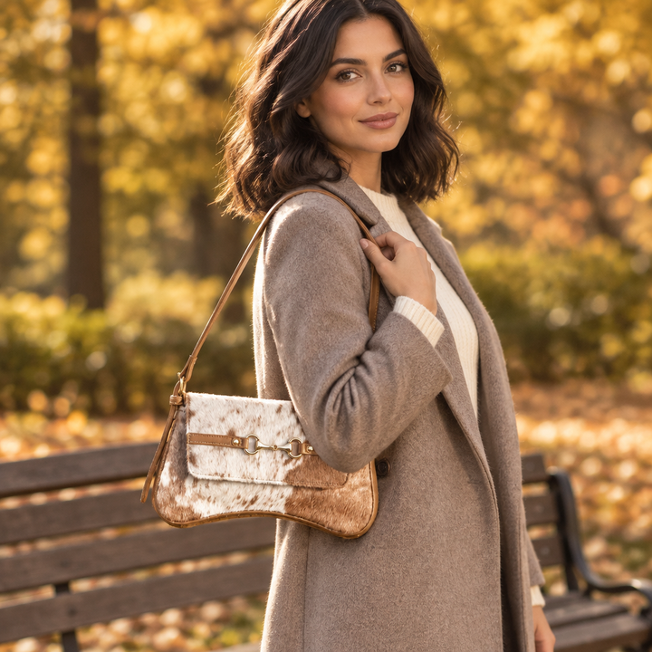 Cow Print shoulder bag in a different fall lifestyle pose