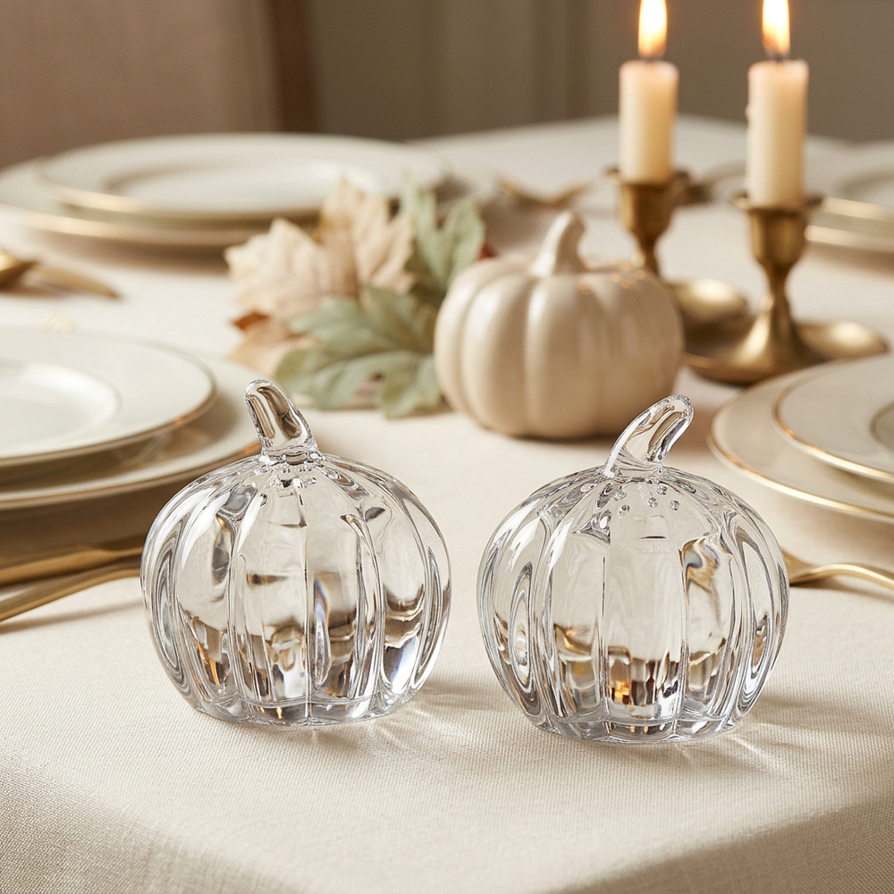 Crystal pumpkin shakers on a warm, luxurious holiday table with ivory linen and candlelight