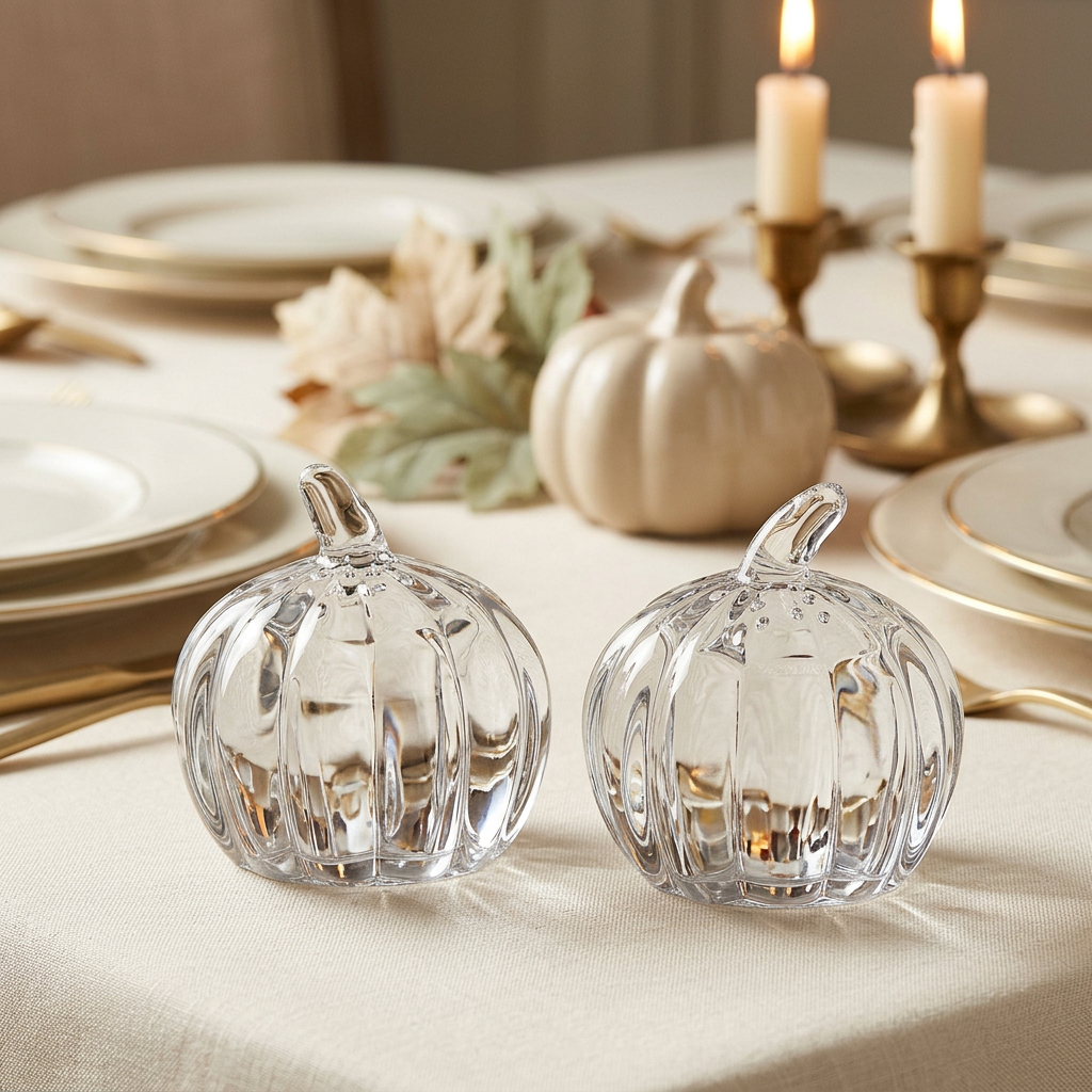 Crystal pumpkin shakers on a warm, luxurious holiday table with ivory linen and candlelight