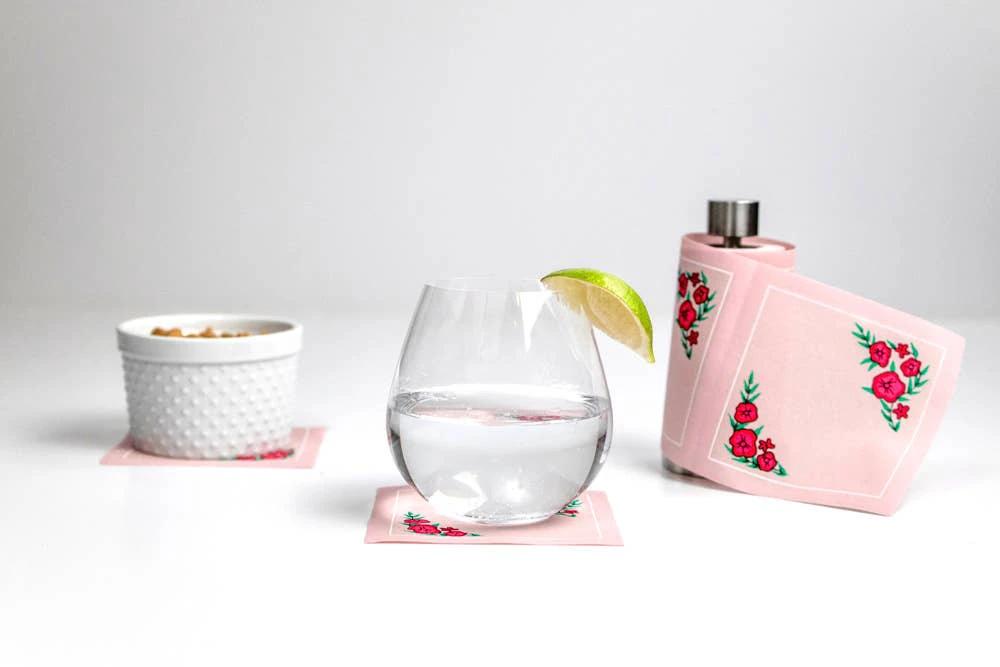Cotton cocktail napkin roll, Spring Fling pink floral design by Table Theory.