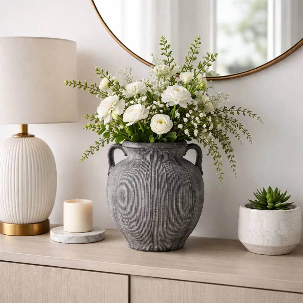 Ceramic Ribbed Texture Weathered Handle Vase - Black, 10 in. Sagebrook Home