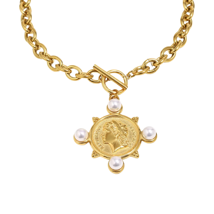 Coin &amp; Pearl Medallion Necklace - Stainless Steel