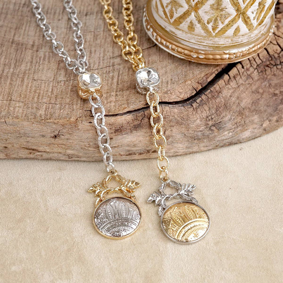 Two Tone Regal Crest Coin Crystal Lariat Necklace Gold Silver Tone