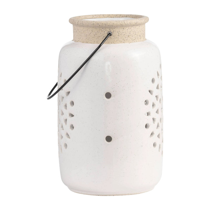 Ceramic Flower Cut Out Lantern with Handle - Ivory, 9 in. Sagebrook Home
