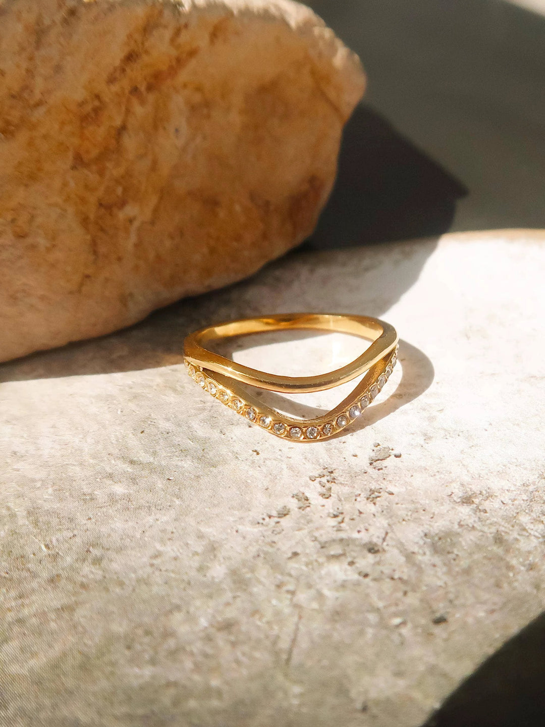 Orleans 18K Gold Non-Tarnish Layered V Rhinestone Ring Flânerie by MAIQ