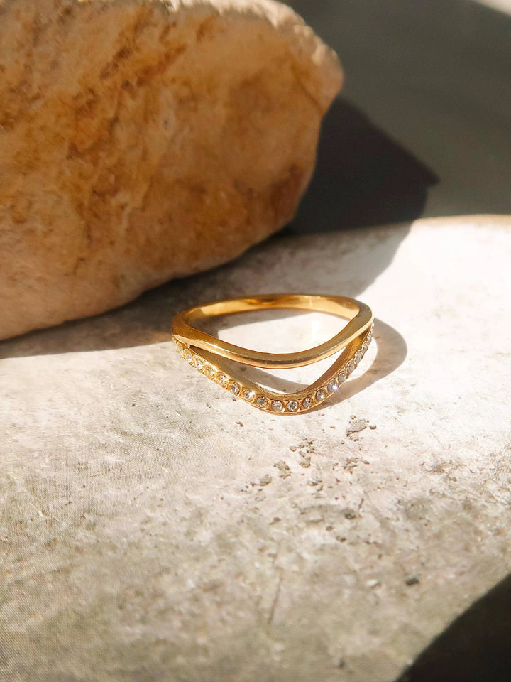 Orleans 18K Gold Non-Tarnish Layered V Rhinestone Ring Flânerie by MAIQ