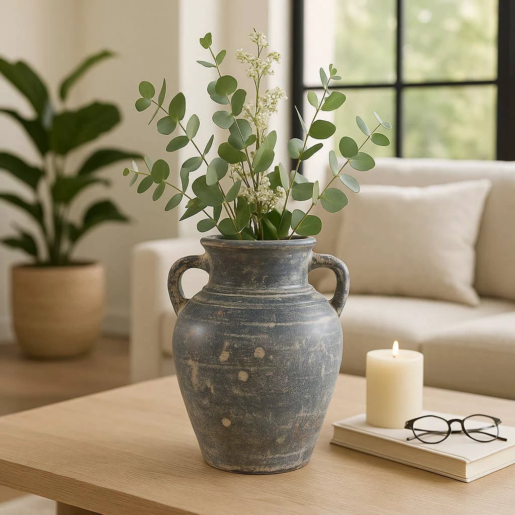 Decorative Vase - Blue/White Terracotta 2-Handle, 9.5 in Sagebrook Home