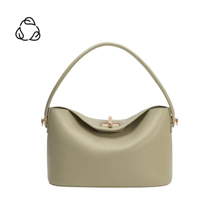 Mint-green recycled vegan leather crossbody bag with a curved top flap, pink-tan clasp, and one curved shoulder strap.