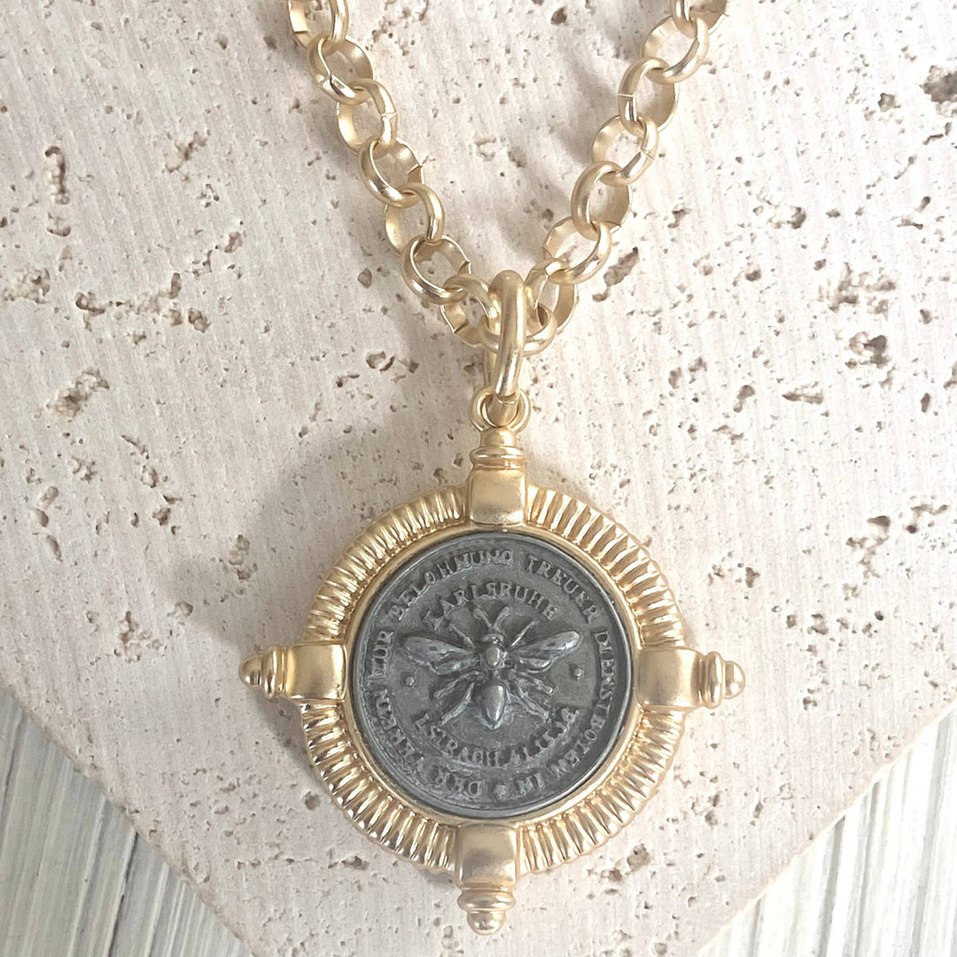 Bee necklace coin jewelry French matte gold boutique VB&amp;CO Designs Handmade Jewelry