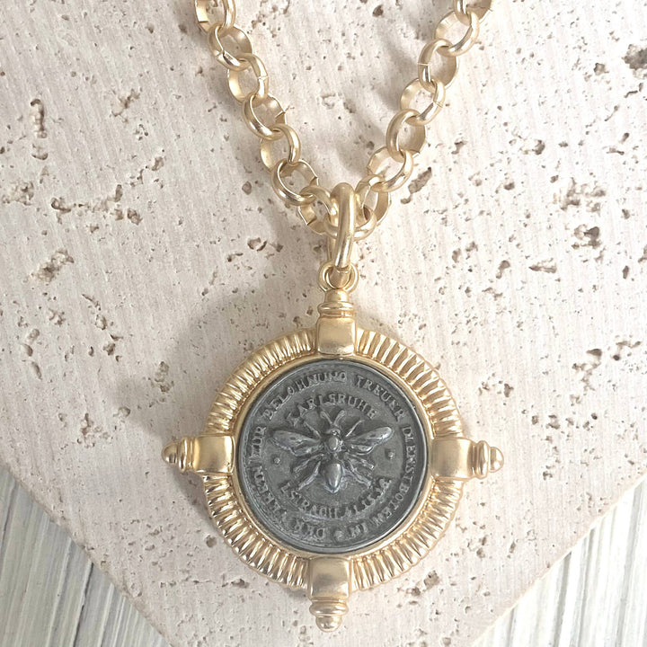 Bee necklace coin jewelry French matte gold boutique VB&amp;CO Designs Handmade Jewelry