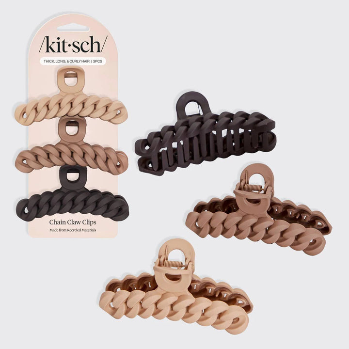 Eco-friendly chain claw clips 3pc set by Kitsch in neutral beige, tan, black