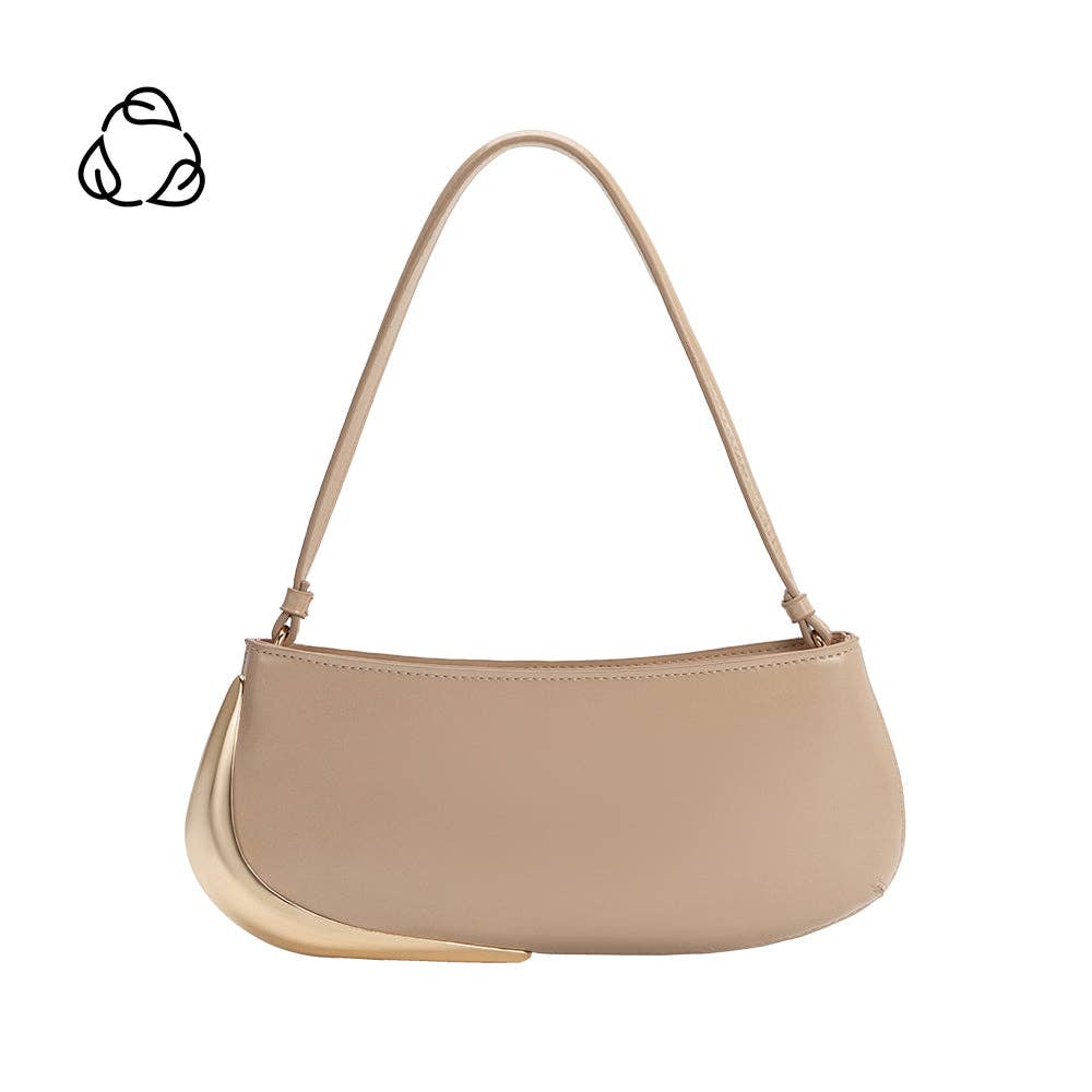 Beige recycled vegan leather shoulder bag with a curved crescent silhouette and a gold-tone arc accent at the base.
