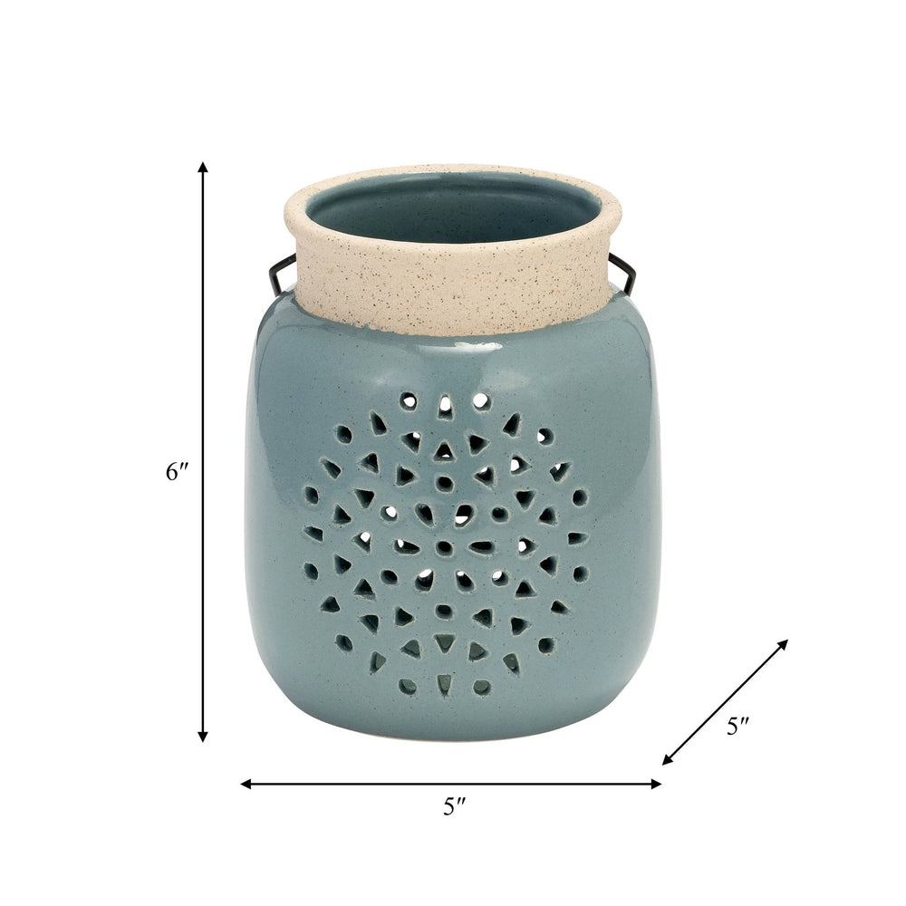 Ceramic Flower Cut Out Lantern with Handle - Blue, 6 in. Sagebrook Home
