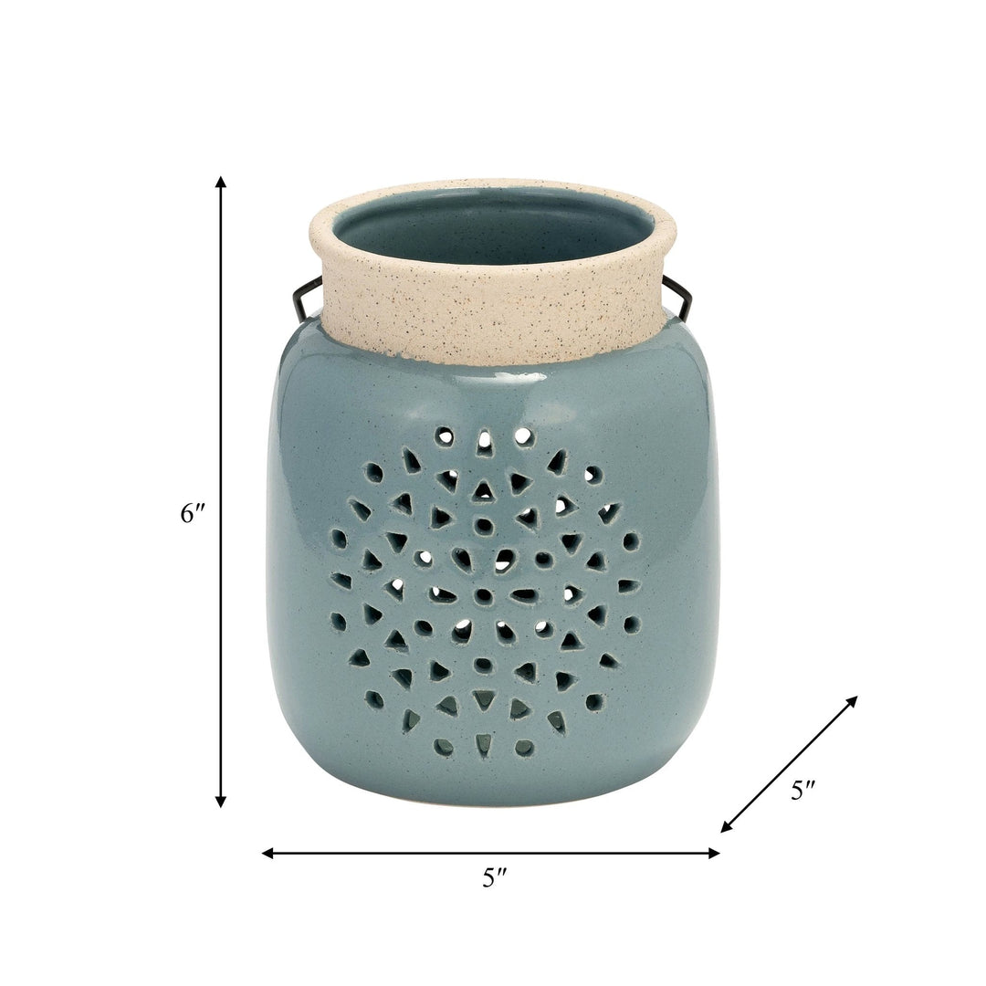 Ceramic Flower Cut Out Lantern with Handle - Blue, 6 in. Sagebrook Home