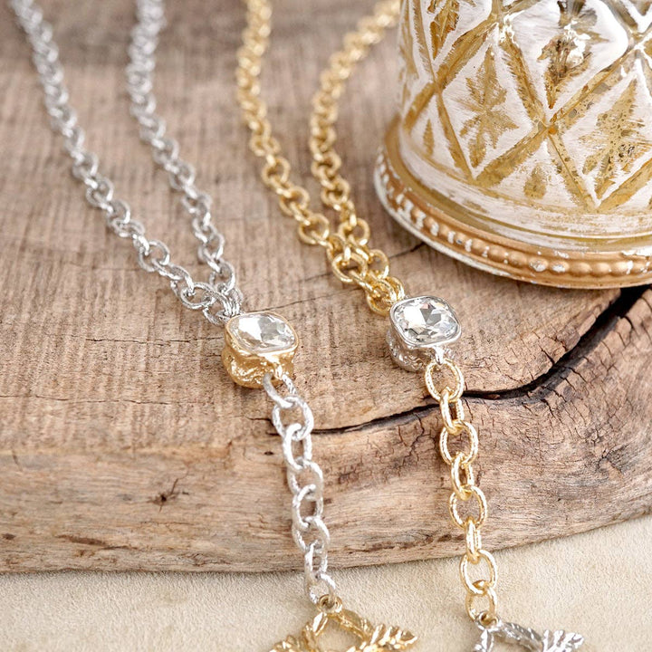 Two Tone Regal Crest Coin Crystal Lariat Necklace Gold Silver Tone