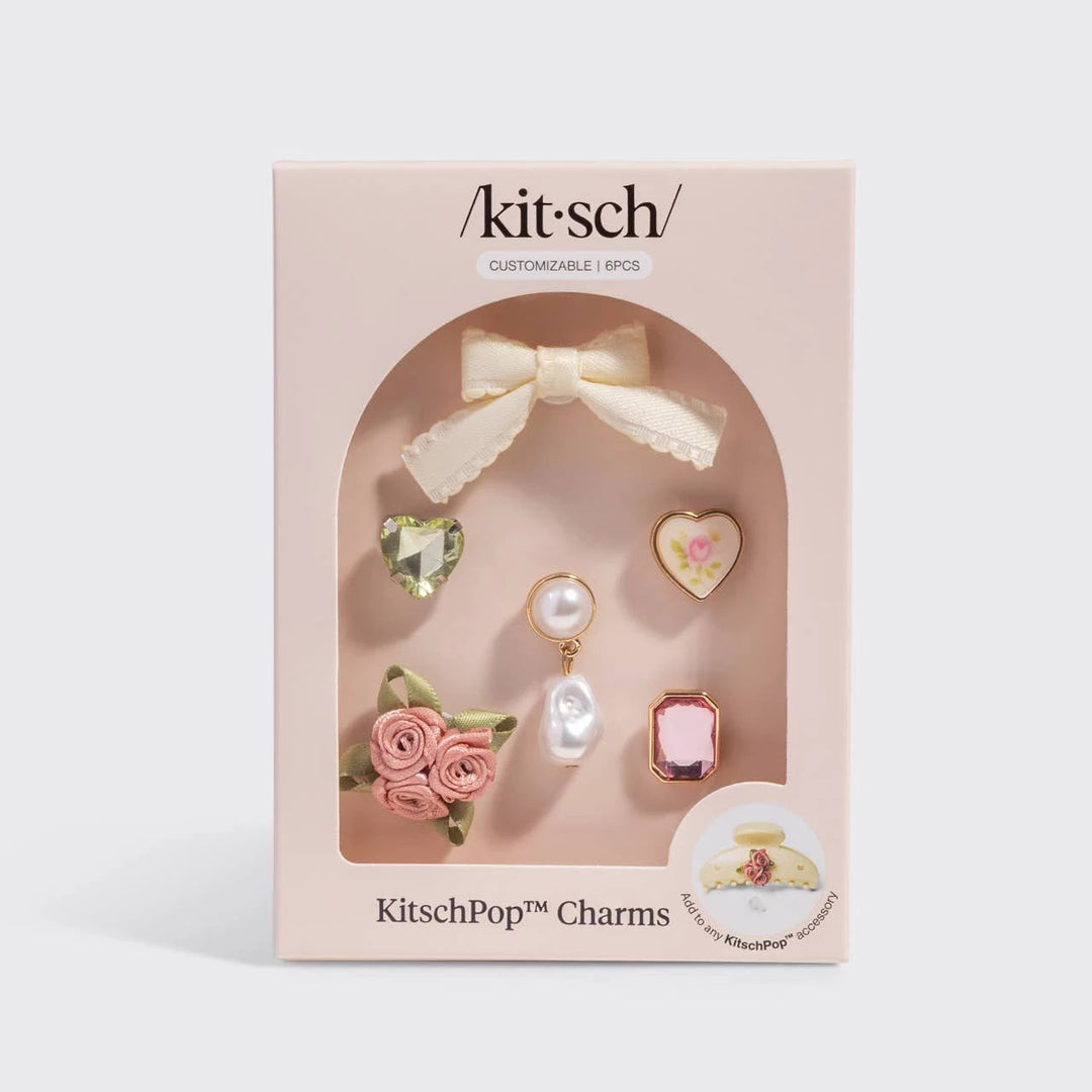 KitschPop Charms 6pc Set in Vintage Pink with bow, pearl drop, rose cluster and floral heart charms