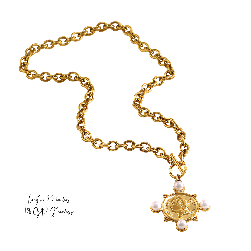 Coin &amp; Pearl Medallion Necklace - Stainless Steel