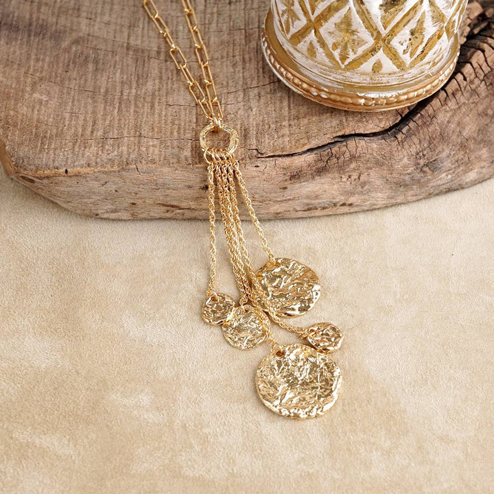 Gold Molten Multi Coin Cascading Tassel Long Necklace