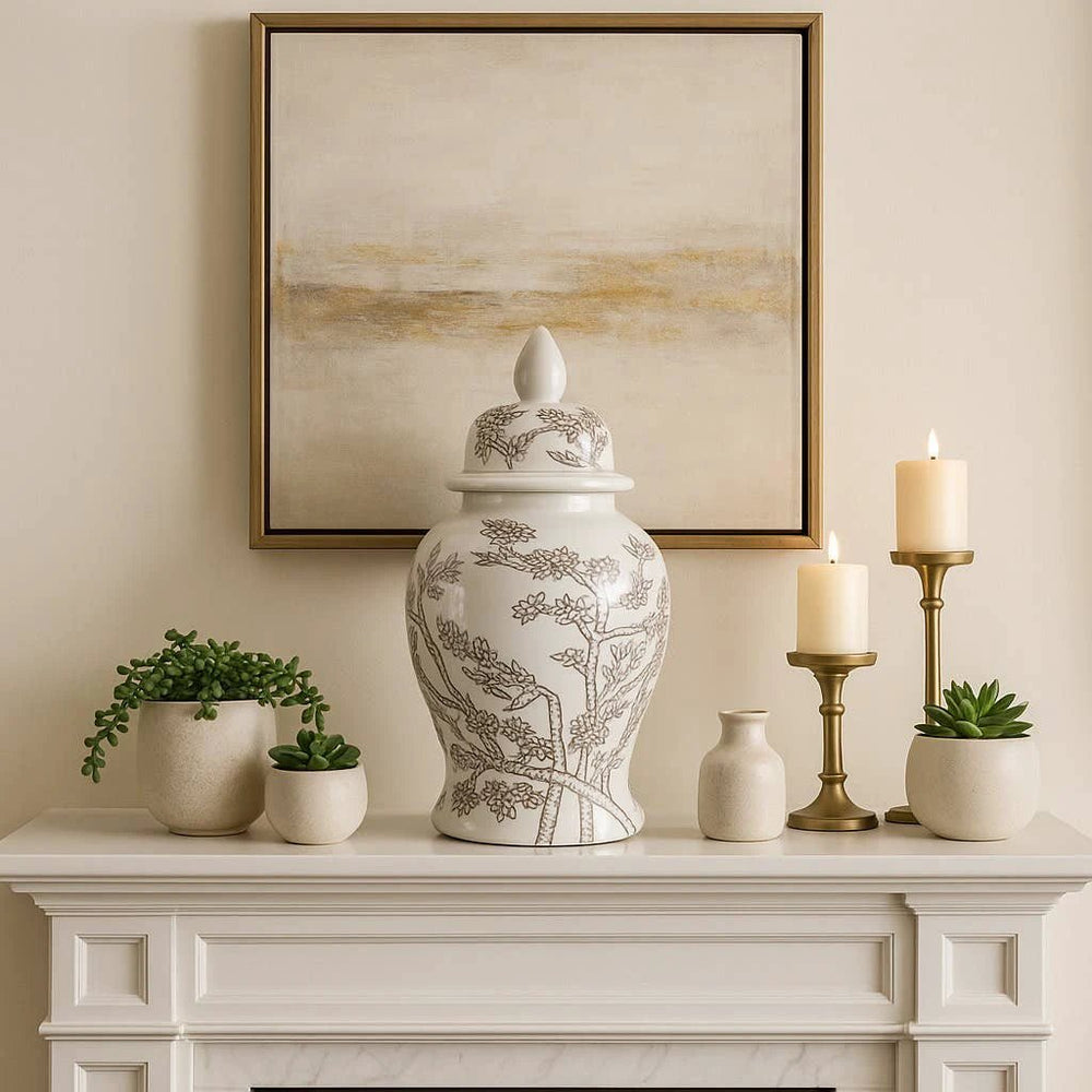 Temple Jar - White/Brown Ceramic Cherry Blossom, 15 in. Sagebrook Home