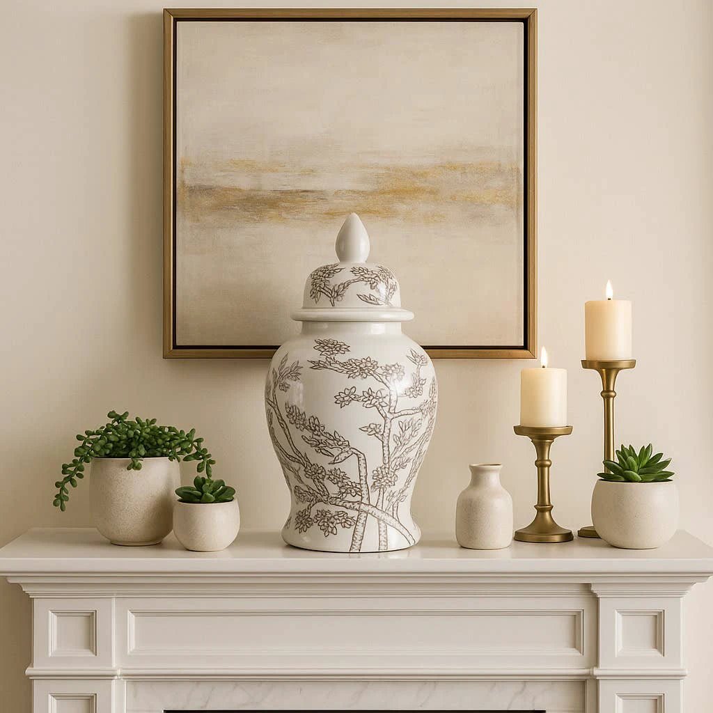 Temple Jar - White/Brown Ceramic Cherry Blossom, 15 in. Sagebrook Home