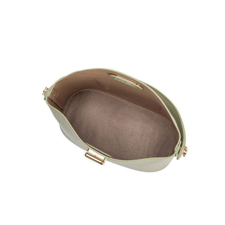 Mint-green recycled vegan leather crossbody bag opened to show taupe lining and gold-tone hardware.