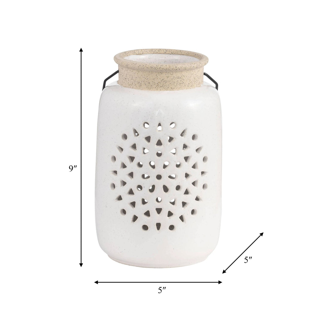 Ceramic Flower Cut Out Lantern with Handle - Ivory, 9 in. Sagebrook Home