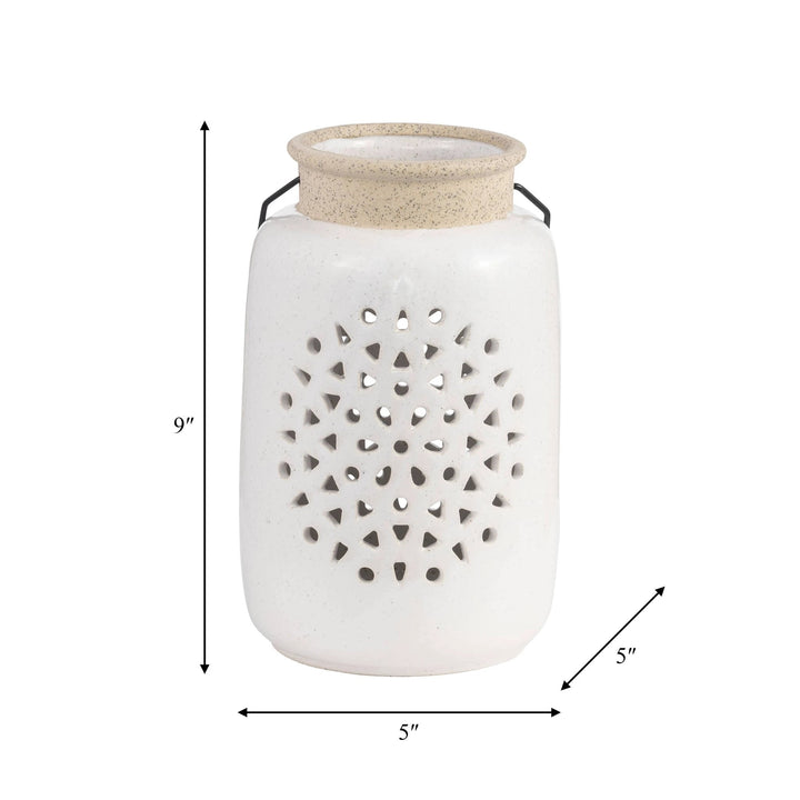 Ceramic Flower Cut Out Lantern with Handle - Ivory, 9 in. Sagebrook Home