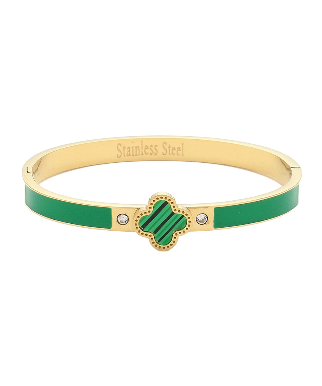 Gold-tone bangle with green enamel sides and a striped green clover charm, dotted gold edge and two tiny crystals.