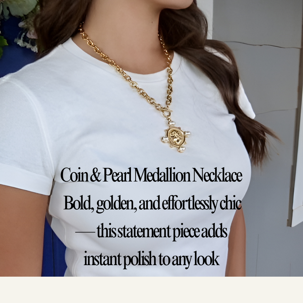 Coin &amp; Pearl Medallion Necklace - Stainless Steel