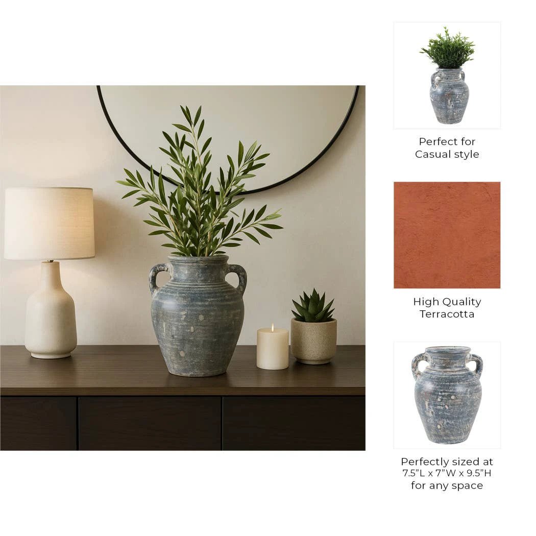 Decorative Vase - Blue/White Terracotta 2-Handle, 9.5 in Sagebrook Home