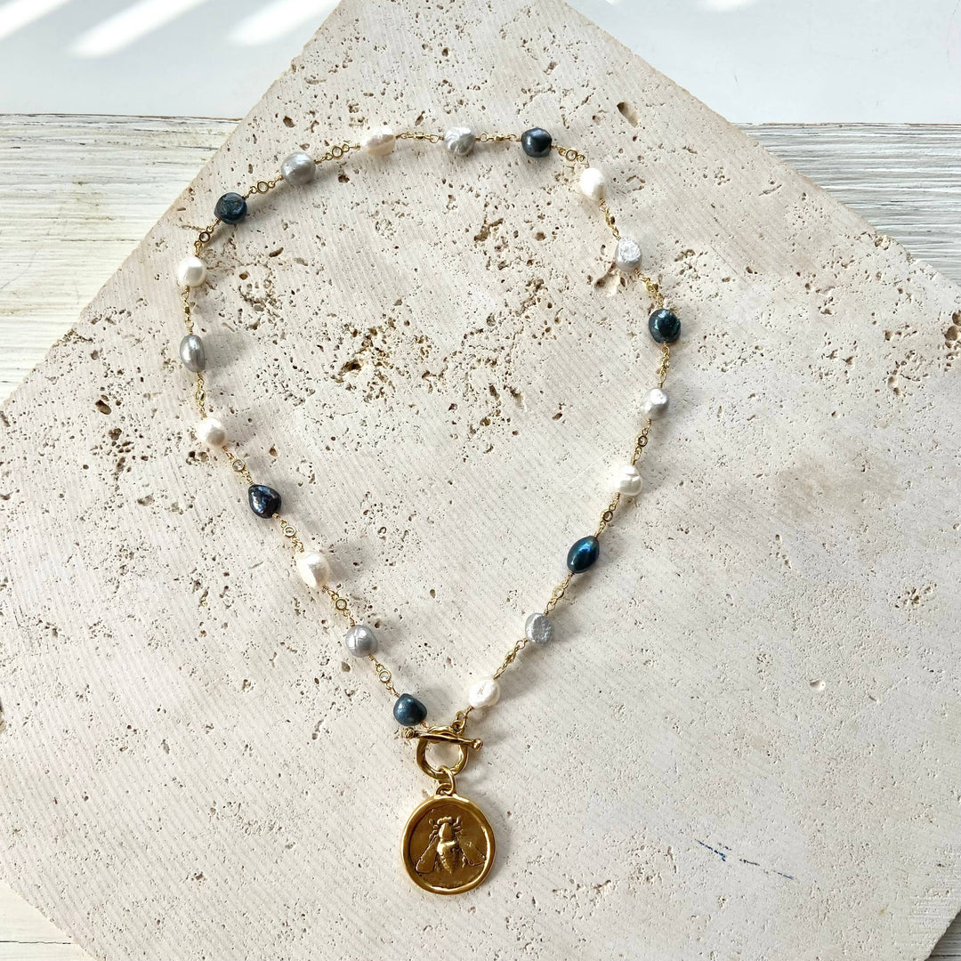 Denim pearl Bee medallion necklace