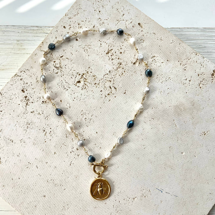 Denim pearl Bee medallion necklace