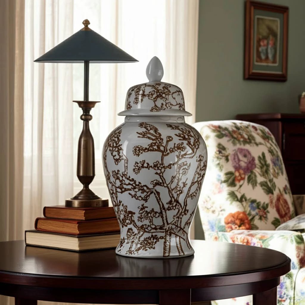 Temple Jar - White/Brown Ceramic Cherry Blossom, 15 in. Sagebrook Home