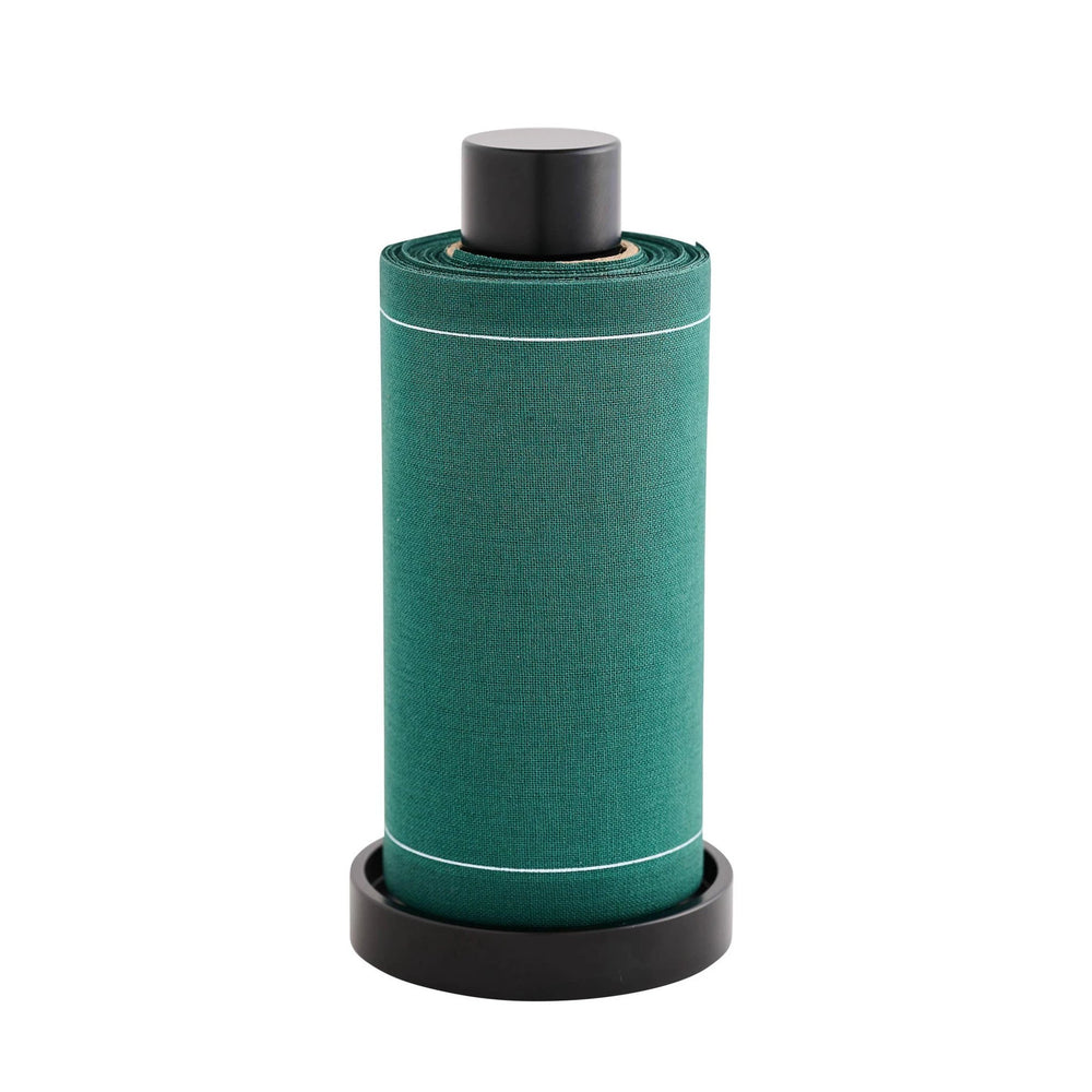 Exclusive Cocktail Napkin Stand in Matte Black with green fabric napkin roll by Table Theory