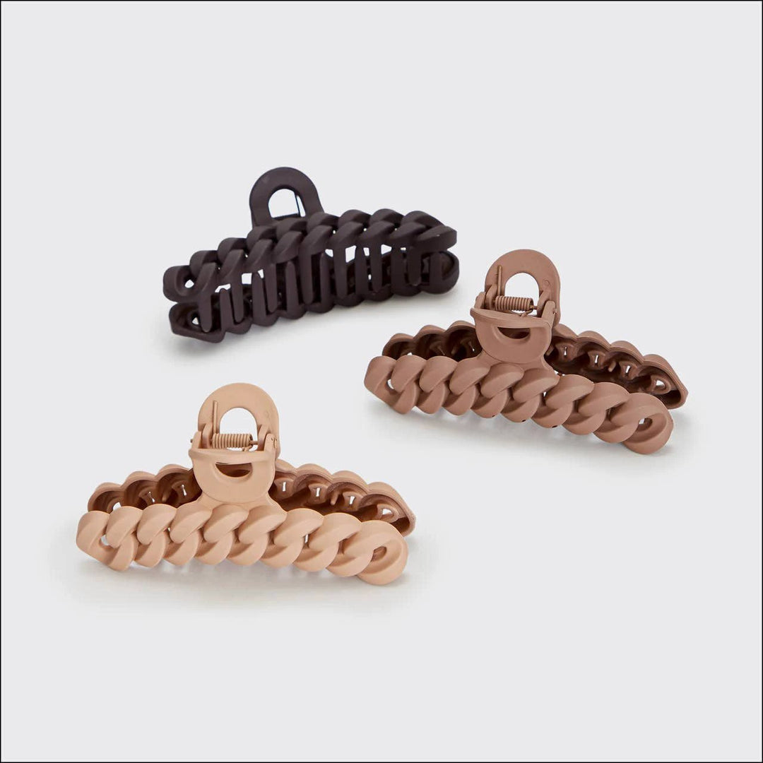 KITSCH eco-friendly chain claw clip 3-piece set, neutral hair clips in black, tan, taupe