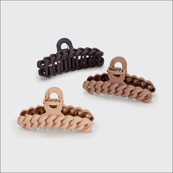KITSCH eco-friendly chain claw clip 3-piece set, neutral hair clips in black, tan, taupe
