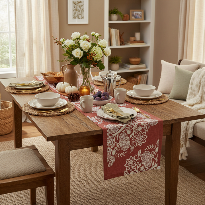 Fall table runners with cozy home backdrop