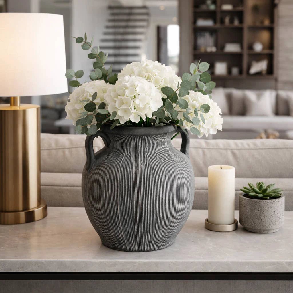 Ceramic Ribbed Texture Weathered Handle Vase - Black, 10 in. Sagebrook Home