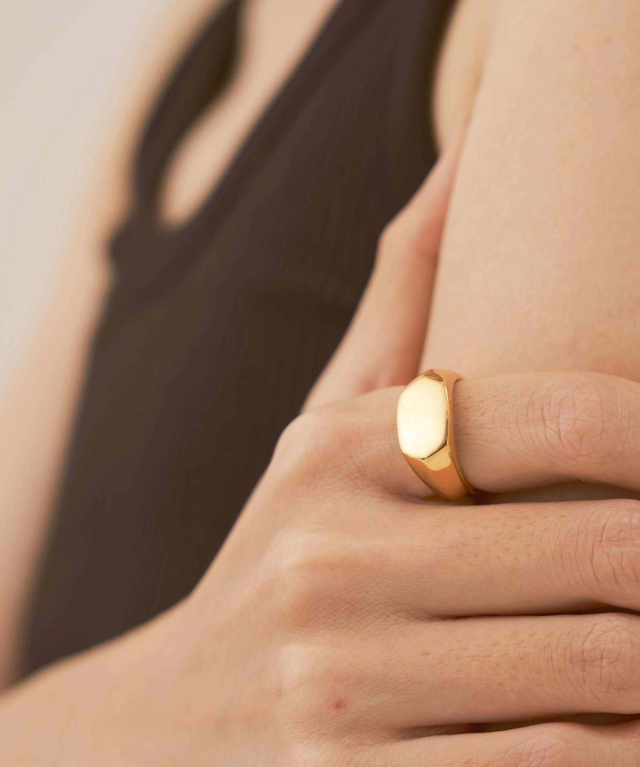 18K Gold Filled Hexagon ring, Gold Black Signet ring