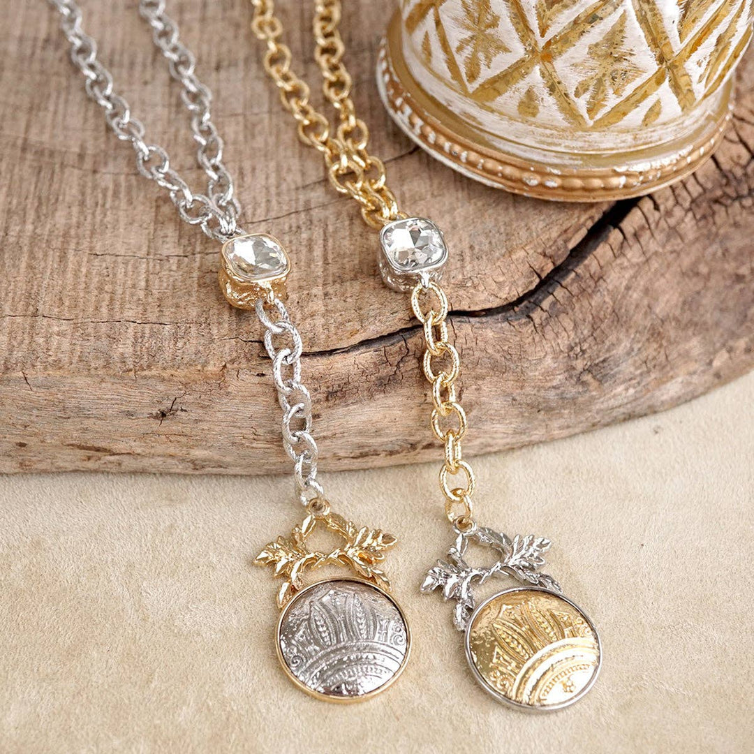 Two Tone Regal Crest Coin Crystal Lariat Necklace Gold Silver Tone