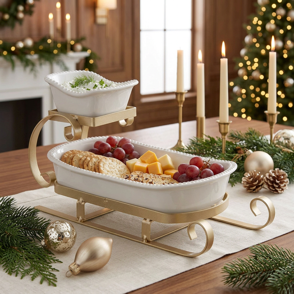 Food-filled gold sleigh server in a warm luxury holiday setting with candlelight, greenery and gold accents