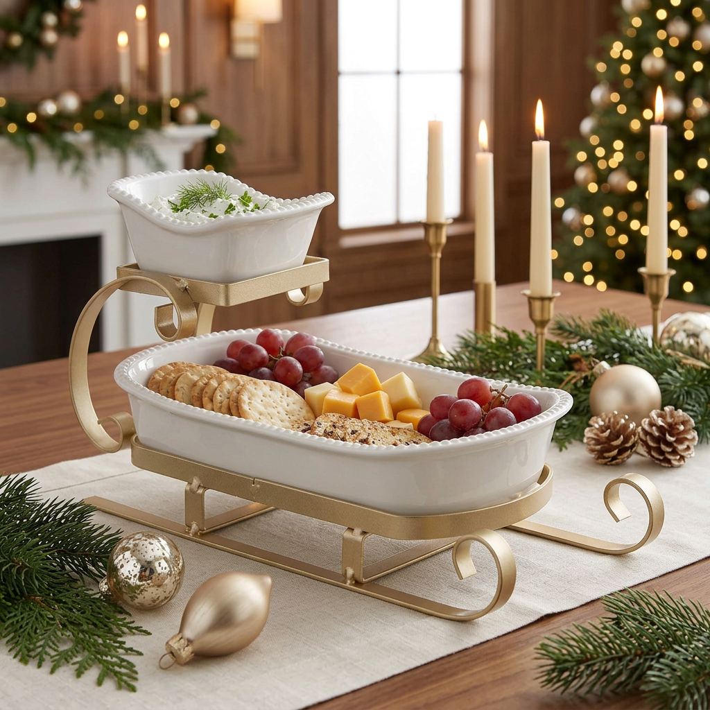 Food-filled gold sleigh server in a warm luxury holiday setting with candlelight, greenery and gold accents