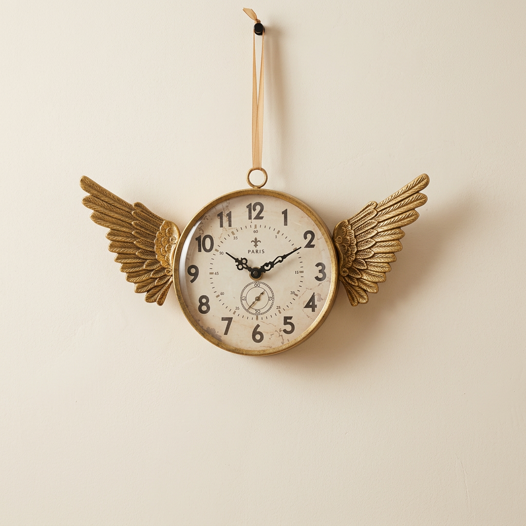 Gold angel wing wall clock against a clean ivory wall
