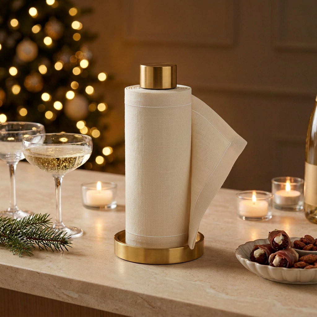 Gold napkin stand with ivory napkins in a warm holiday setting